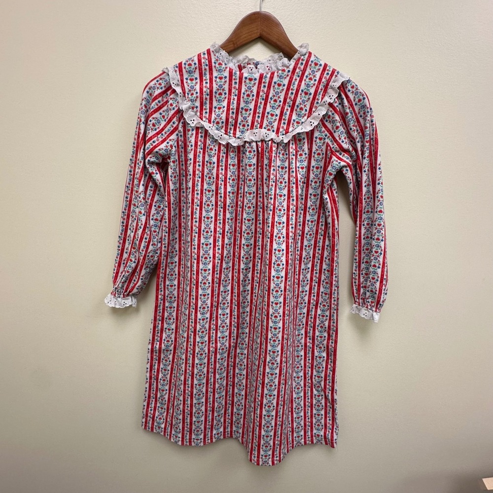 Lanz of Salzburg Girls Red White Stripe Floral Heart Fleece Nightgown Size M 7/8